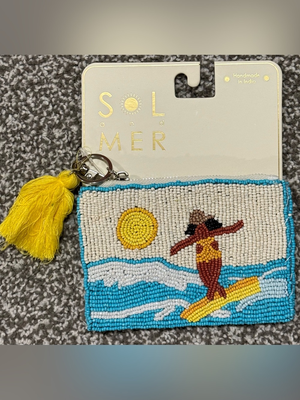 Sol & Mer Yellow Beaded Surf Key & Card Holder with Tassel
